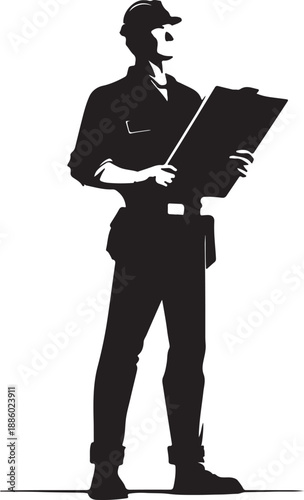 Silhouette of a person holding a clipboard and a pencil