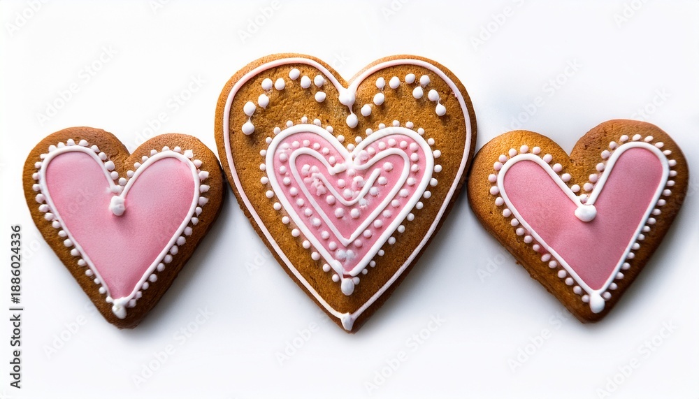Obraz premium home made heart shape ginger breads decorated with pink and white sugar glazing isolated