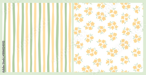 Calico floral seamless pattern with yellow flowers and leaves combined with striped seamless pattern for nursery textile prints, scrapbooking, stationery, wallpapers, backgrounds, etc. EPS 10