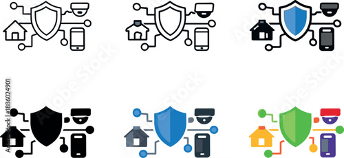 IoT security management symbol showing interconnected devices protected by a central shield with small signal nodes to express