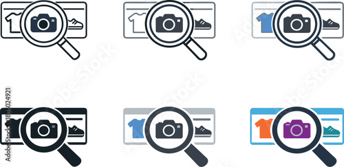 Ecommerce browsing experience icon portraying a magnifying glass focused on a set of product thumbnails to communicate search and