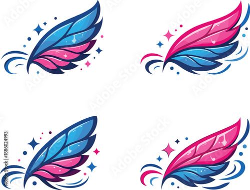 Fragile Wing Icons. Two-Color vector icons of fragile wings: thin wing line, vein stripe, feathered edge, dust bead, curved tip,