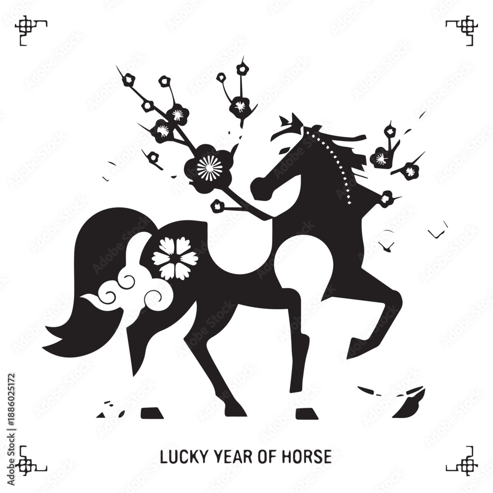 Fototapeta premium Stylized Illustration of a Horse with Floral and Decorative Elements for Lucky Year Theme.