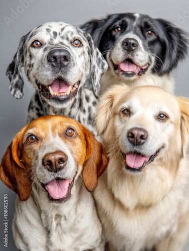 Four happy and diverse dogs with expressive eyes and tongues out posing together against a neutral background showing joyful and friendly companionship