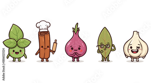 Set of cute cartoon spice and herb characters including basil, cinnamon chef, red onion, nerd leaf, and winking garlic isolated on white.