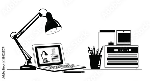 Modern Desk Setup with Laptop and Lamp.
