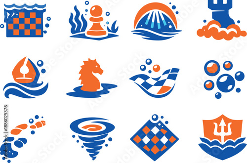 Two-Color vector icons of chess symbolism inspired by underwater discovery: chess grid, pawn motif, submerged arc, rook dust;
