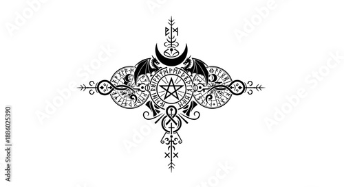 Mystical Pentagram Symbol with Runes and Crescent Moon.