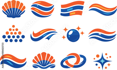 Two-Color vector icons of shell textures: ridged shell, curved plate, stripe band, contour slope, tiny bead, arc flick, dot shine