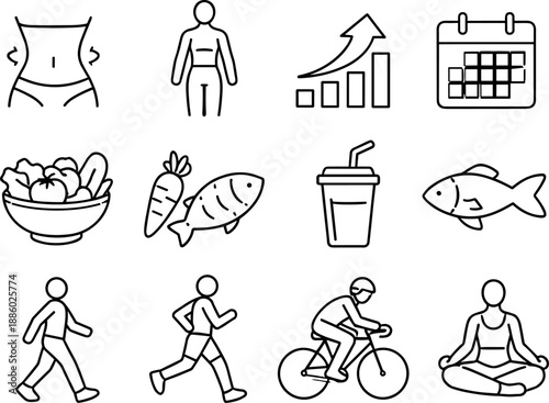 Healthy Lifestyle Icons. Line style icons of Slim body routine: waist, body chart, progress arrow, calendar; salad bowl, carrot,