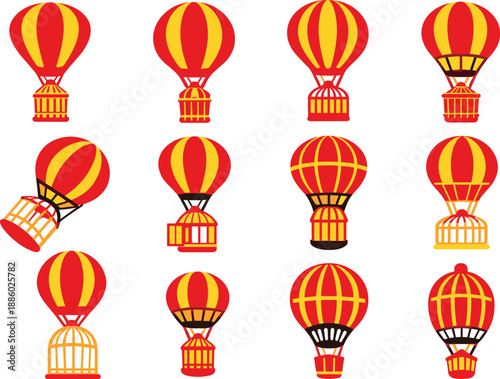 Two-Color vector icons of hot air balloon with basket as birdcage: balloon with caged basket, round balloon lifting birdcage,