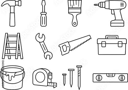 Home Improvement Icons. Line style vector icons of Home improvement icons: hammer, screwdriver, paintbrush, drill; ladder, wrench,