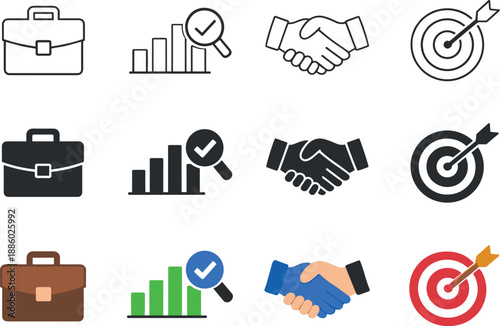 Briefcase for responsible management, chart for transparent performance, handshake for fair partnerships, and target for ethical