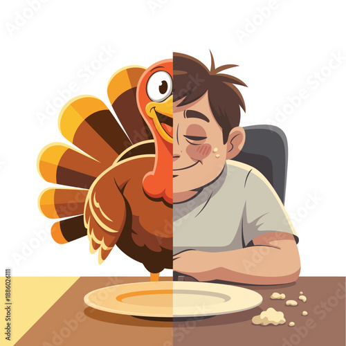 Thanksgiving funny sleepy man with turkey and pie dream bubble