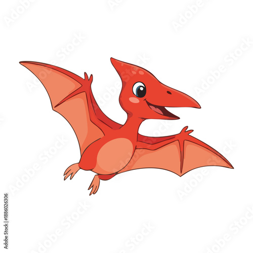 Cute red cartoon pterodactyl flying dinosaur mascot character isolated on white background.