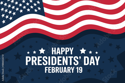 A vector graphic illustration of a Presidents' Day banner with an American flag and stars on a blue background
