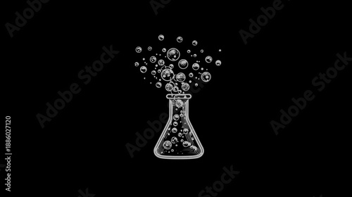 A grayscale illustration of a flask with bubbles escaping the top on a black background