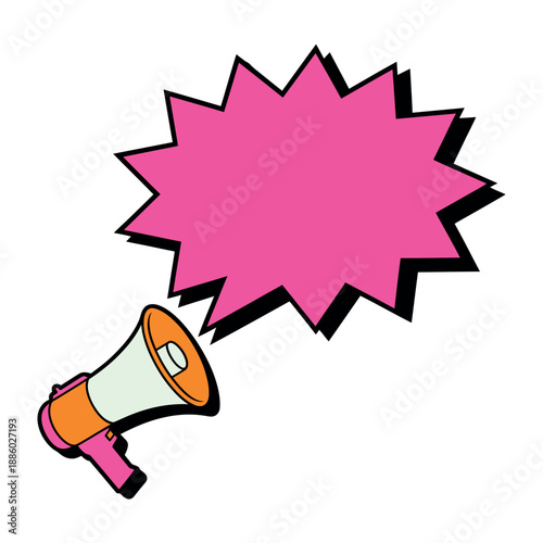 Cartoon megaphone with pink speech bubble on white background for announcements and messages