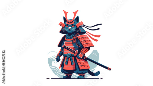 Samurai cat standing tall with armor and katana ready for battle.