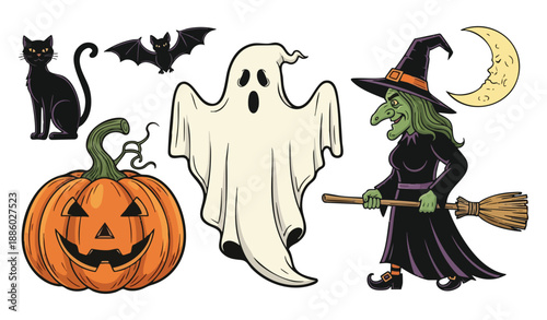 Halloween vector set with spooky ghost, witch on broomstick, carved pumpkin jack o lantern, black cat, and bat