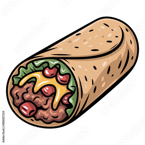 Colorful Cartoon Burrito with Meat, Cheese, and Vegetables Wrapped in Tortilla