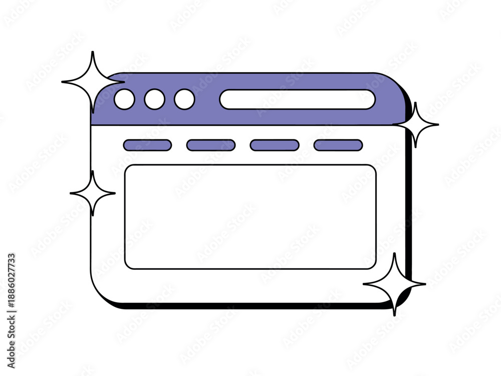 Fototapeta premium Purple browser window icon with sparkles and white background for web design and technology concepts