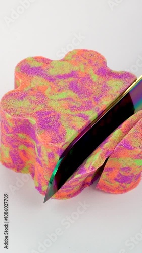 Very Satisfying and Relaxing Kinetic Sand ASMR video. Cutting anti stress macro close up colorful Kinetic Sand with a Knife. ASMR sounds.