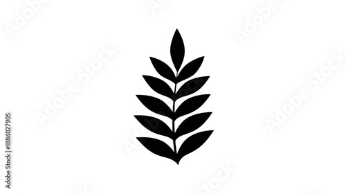 A simple black silhouette of a stylized leaf or plant, symmetrical with white background