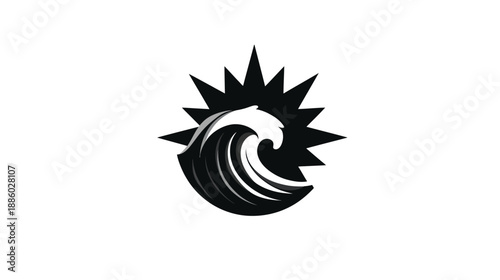 A monochrome illustration of a cresting wave combined with a starburst shape
