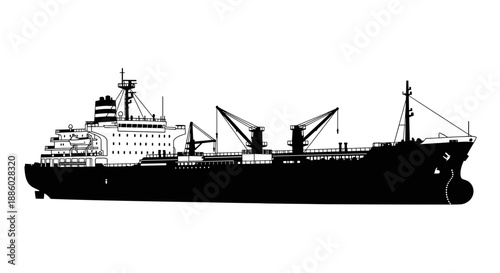 Silhouette of a large cargo ship with cranes.