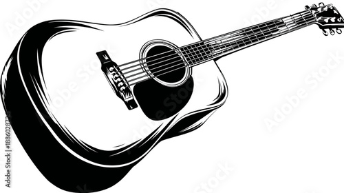 A striking black and white vector illustration of an acoustic musical instrument angled