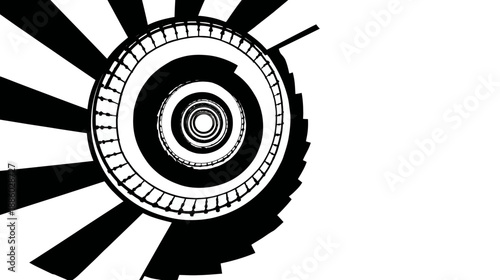 Bird's-eye view of a descending, spiraling staircase with alternating black and white bands