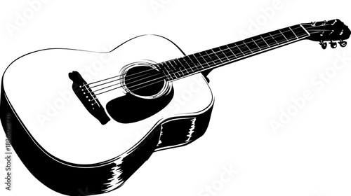 A black and white illustration of an acoustic string instrument, tilted towards the viewer