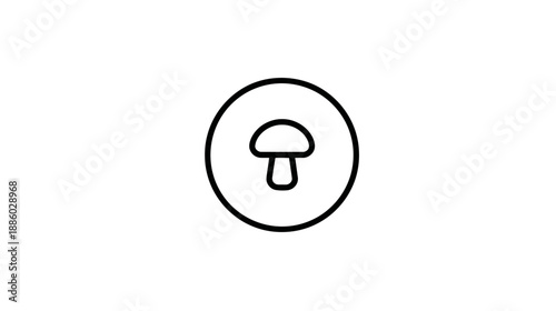 A simple, black line illustration of a mushroom within a circular frame, against a white background