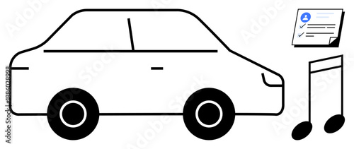Minimalist image of a car alongside music note and document with a checklist. Ideal for travel, music, driving, transportation, documentation, ride-sharing, and recreation. Simple flat metaphor