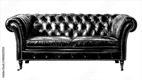 A luxurious illustration of a button-tufted Chesterfield sofa in monochromatic, high-contrast style