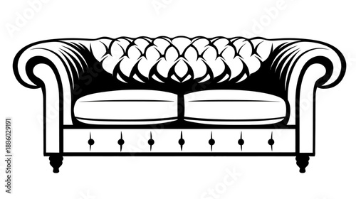Black and white illustration of a classic, tufted Chesterfield sofa with rolled arms
