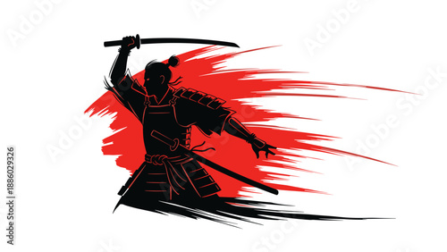 Silhouette of a Samurai Warrior in Action with Sword.