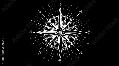 A stylized white compass rose illustration on a black background, with radiating lines