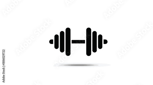 A simple, black barbell silhouette is centered on a white background, casting a subtle shadow