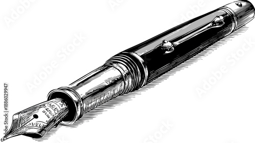 A detailed illustration of a classic writing tool rendered in black and white