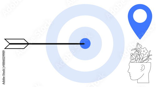 Arrow striking bullseye, location pin, and floral brain sketch emphasize focus, goal achievement, creativity, and growth. Ideal for success, strategy, focus direction innovation learning