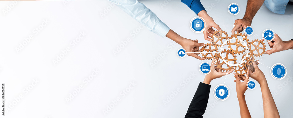 Obraz premium A diverse group of hands collaborating around a central security concept, highlighting teamwork and innovation in technology solutions against cyber threats. Amity