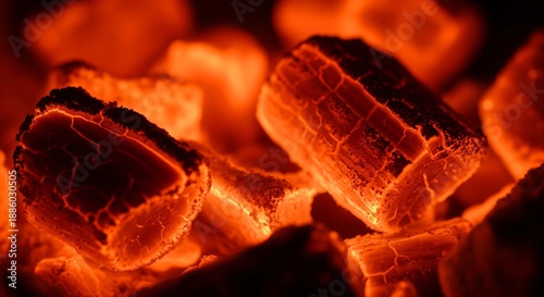 Glowing Charcoal. Close-up of burning coal briquettes glowing with intense orange and red heat in the dark