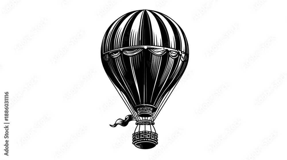 Obraz premium Black and white illustration of a hot air balloon with striped body, detailed basket, and flag