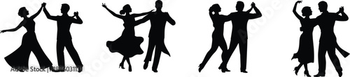 Silhouettes of Ballroom Dance Couples Performing Waltz and Tango Steps in Formal Wear Vector Illustration