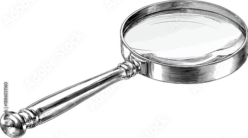 A black and white line drawing of a magnifying glass. Focus on lens and handle detail
