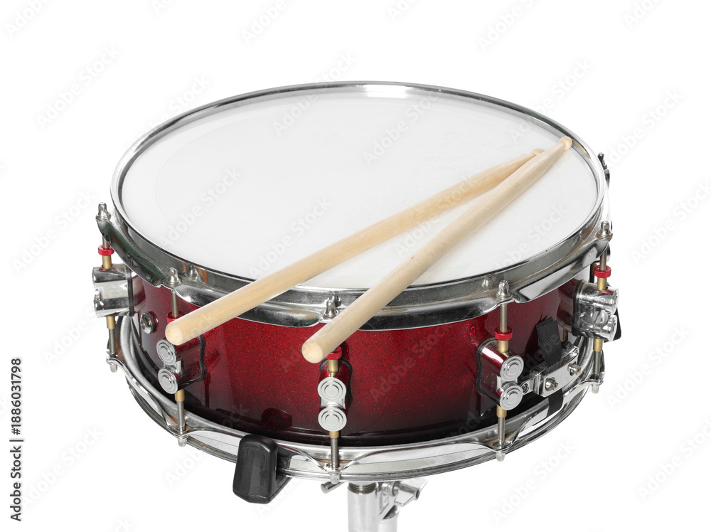 Obraz premium Snare drum and drumsticks isolated on white