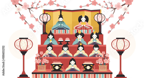 Elegant Hinamatsuri Doll Display Poster Vector Illustration of Traditional Japanese Festival Dolls with Peach Blossoms in Flat Style