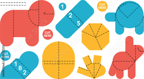 A colorful paper craft template for kids to cut and assemble into fun shapes and animals.
